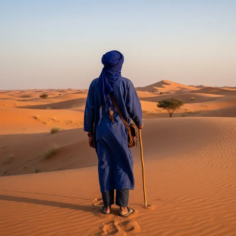 A man from the Tuareg community seen from behind, walking through golden desert sand dunes. He is dressed in a striking, deep indigo blue robe and matching tagelmust (turban), carrying a wooden staff.