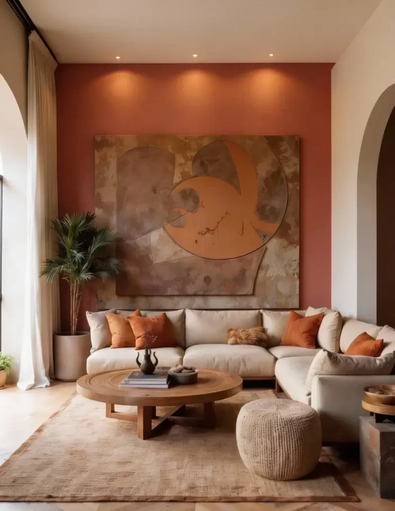 A contemporary living space with a bold terracotta accent wall and a large abstract painting. The room is anchored by a cream sectional sofa and a round wooden coffee table, perfect for those seeking African interior design ideas that blend modern comfort with traditional colors.