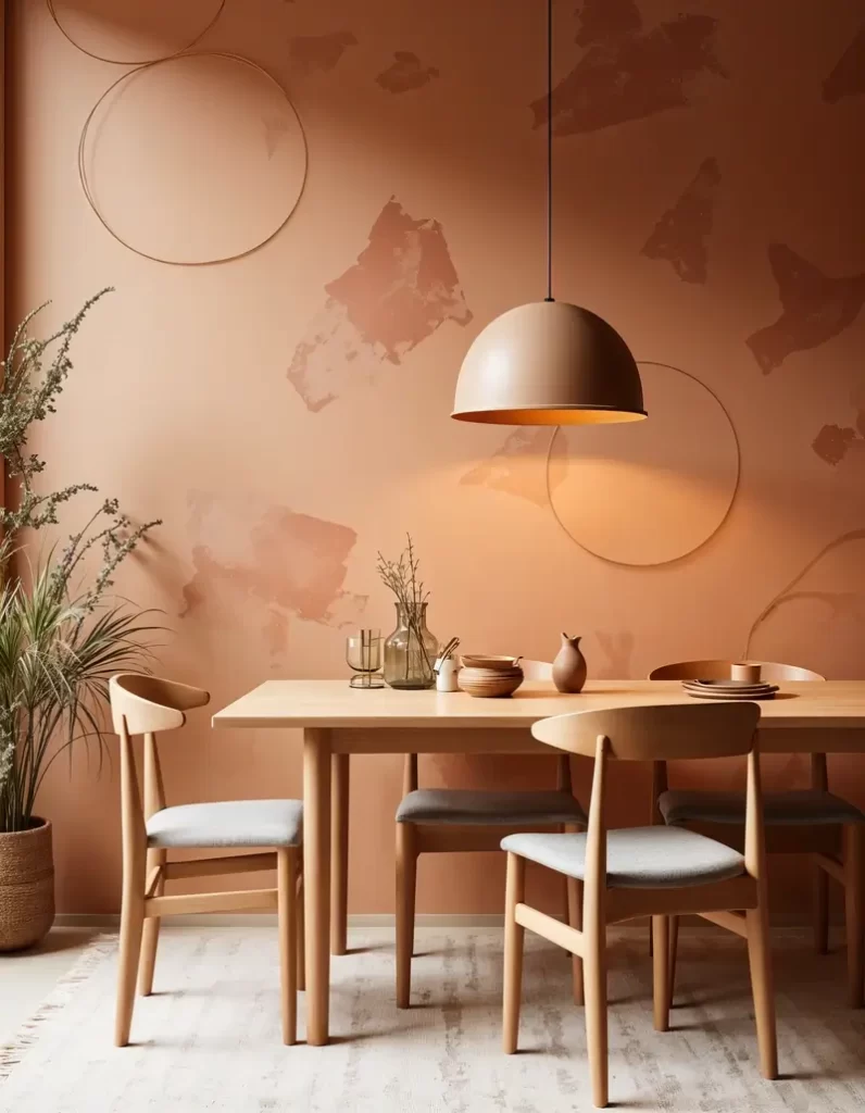 A minimalist dining room featuring terracotta interior design with a painterly, textured wallpaper in earthy clay tones. The space is furnished with a light wood table, mid-century modern chairs, and a dome-shaped pendant light.