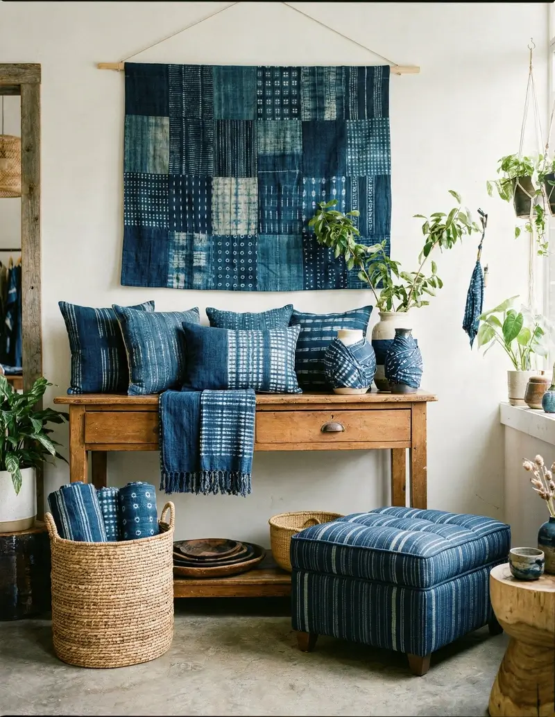 A curated interior display featuring various African indigo fabric items, including a patchwork wall hanging, several toss pillows on a rustic wooden console, and a striped upholstered ottoman.