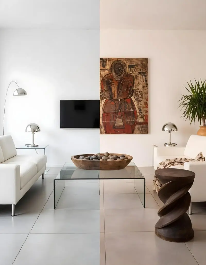 Split interior comparison showing ultra-modern minimal living room versus a warmer modern space with vintage art and objects.