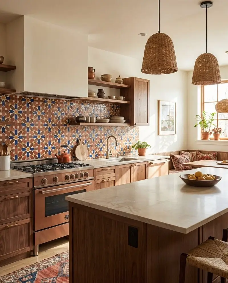 A warm kitchen with dark wood cabinetry and a vibrant, star-patterned mosaic tile backsplash in shades of blue, orange, and tan, complemented by woven pendant lights.