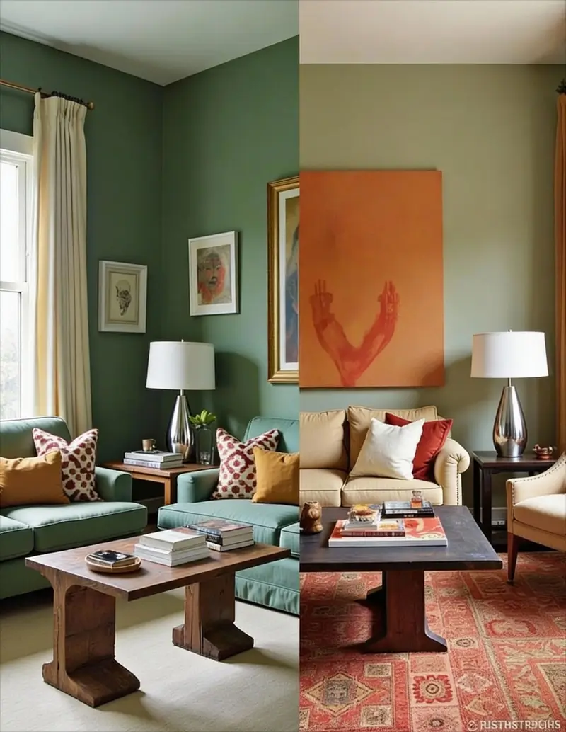 Side-by-side living rooms comparing full color-drenched walls with a softer accent-color approach, aligned with 2026 interior design trends.
