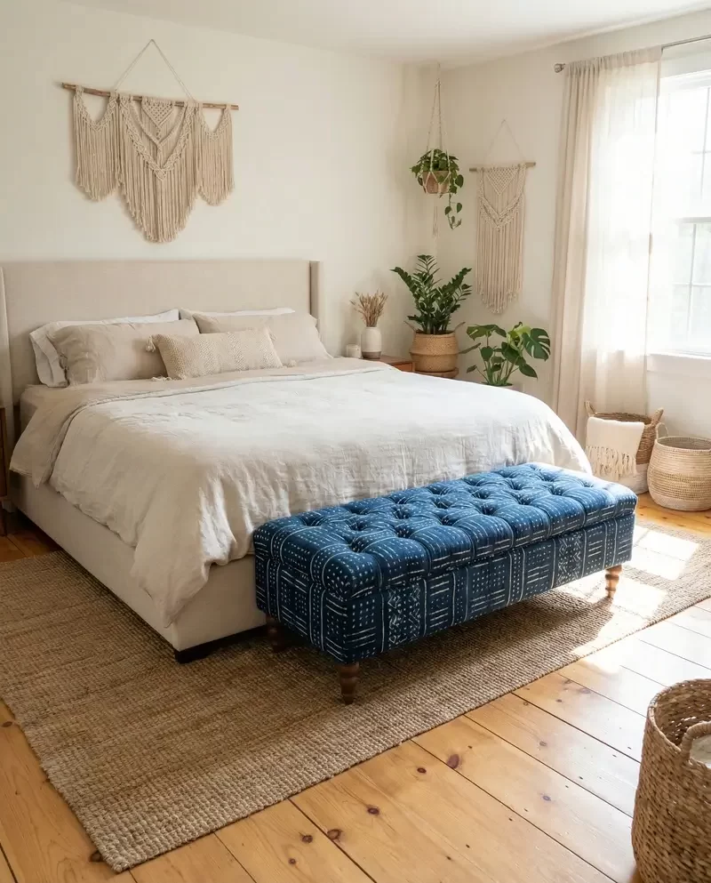 A bright, airy bedroom with neutral tones and macramé wall art, featuring a large tufted bench upholstered in patterned African indigo fabric at the foot of the bed.