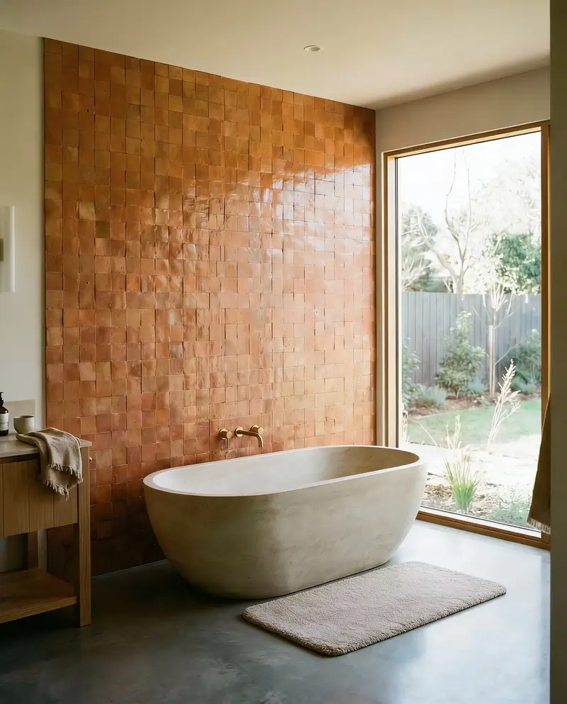 A serene bathroom featuring a feature wall of shimmering terracotta Zellige tiles behind a freestanding stone bathtub, with a large window overlooking a garden.