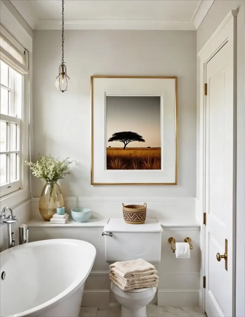 A large matted photograph of a lone acacia tree at sunset, positioned on the wall directly above the toilet in a bright, white-paneled bathroom.