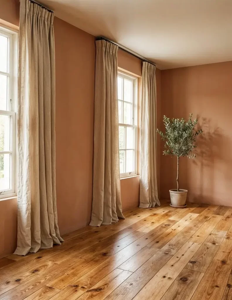 Floor-to-ceiling linen curtains in a neutral cream color hanging against a terracotta-painted wall next to a potted olive tree.