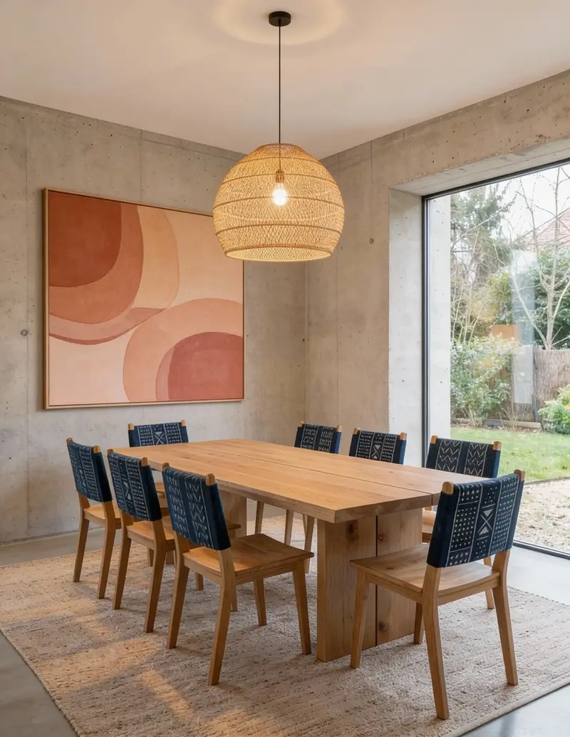 A modern dining room with a light wood table and concrete walls. The wooden chairs feature dark indigo textile backrests with white geometric patterns, adding a global touch to the minimalist space.