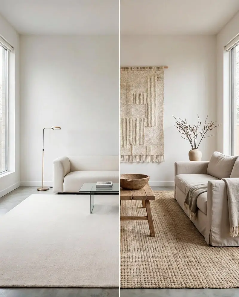 Comparison of neutral minimalist living room and textured minimalist space layered with textiles, wood, and handcrafted decor.