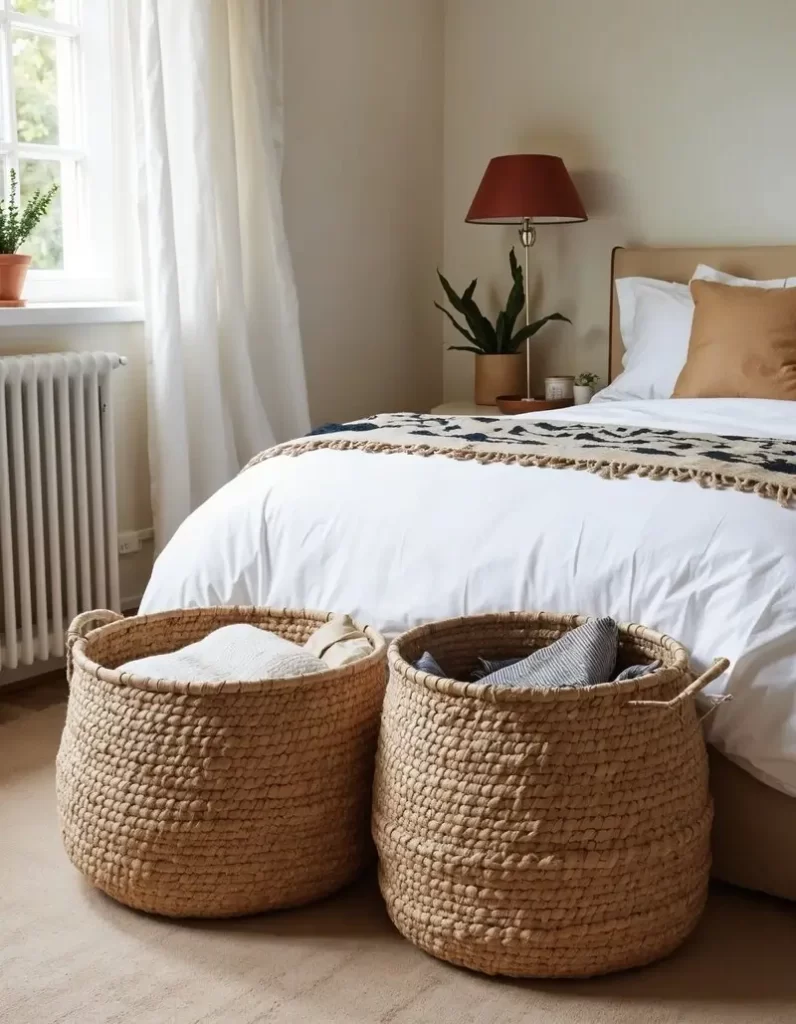 Two large, chunky woven seagrass baskets used for laundry or blanket storage at the foot of a bed, emphasizing a soft and organic aesthetic.