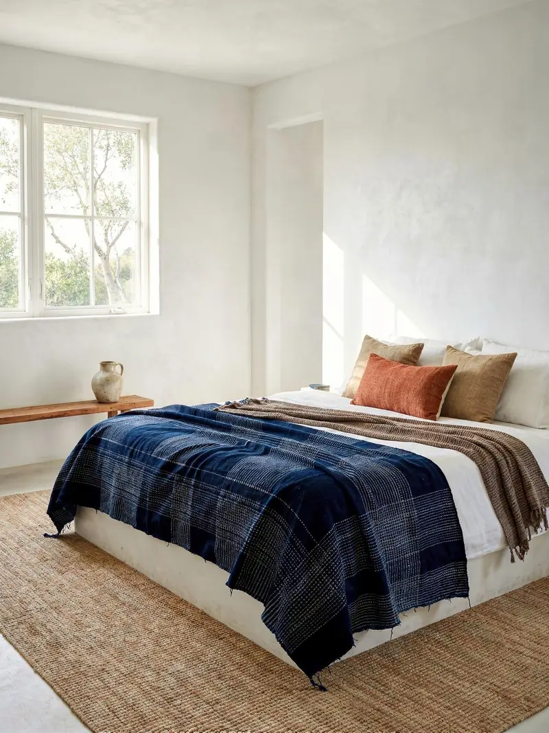 A serene, white-walled bedroom featuring a dark indigo blue throw blanket with subtle white grid lines draped over the foot of a bed with neutral linens.
