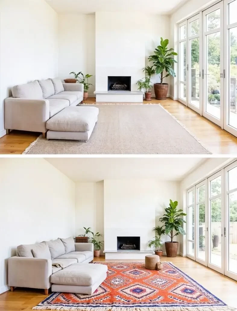 Living room before and after adding a bold patterned rug that transforms the space and anchors the seating area.