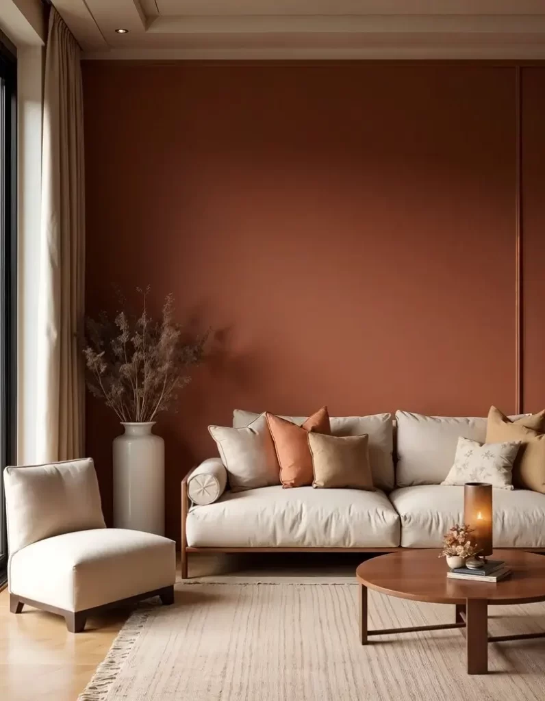A modern living room highlighting terracotta interior design with a deep burnt-orange accent wall. A low-profile cream sofa is decorated with clay-colored throw pillows, paired with a round wooden coffee table and a large white floor vase.
