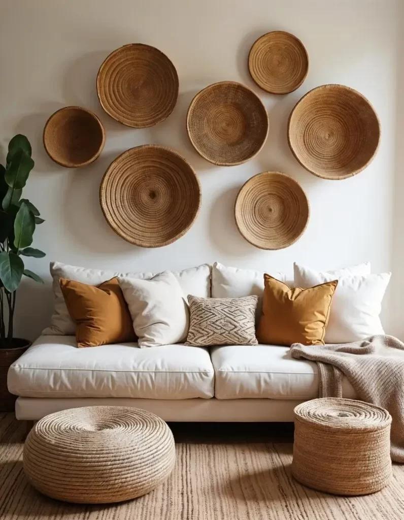 A collection of various sized hand-woven shallow baskets arranged as art on a white wall above a cream sofa with mustard yellow throw pillows.