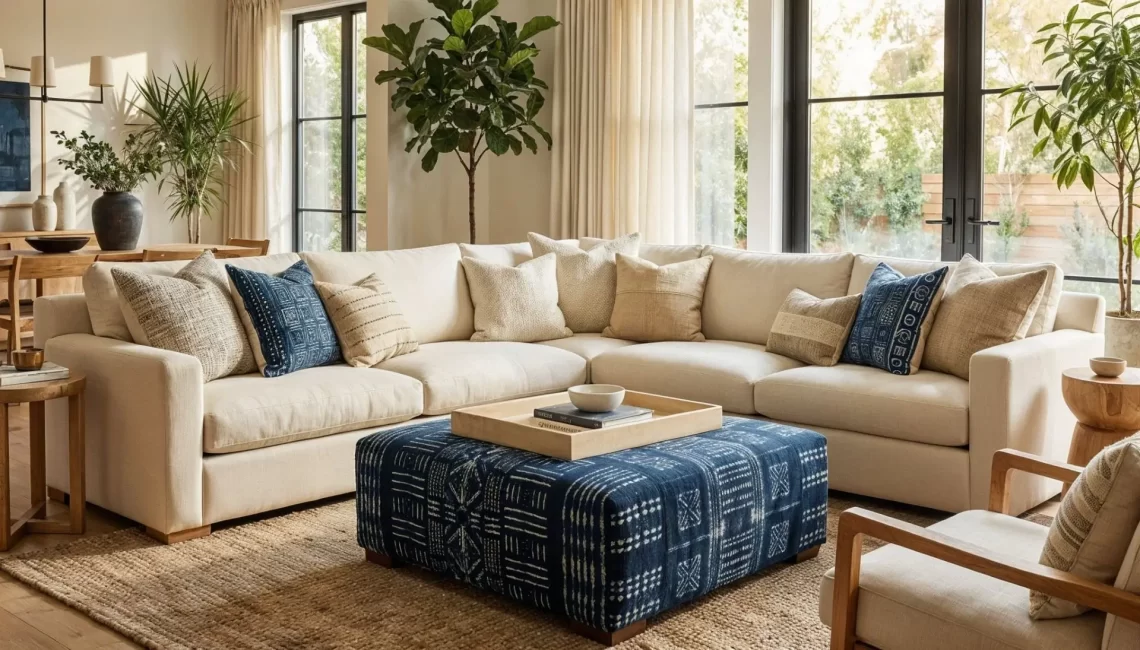 An expansive, bright living room featuring a large cream sectional sofa and a central oversized ottoman upholstered in patterned African indigo fabric. The space is decorated with matching indigo accent pillows, light-colored wood furniture, and lush green indoor plants.
