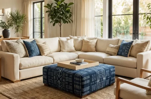 An expansive, bright living room featuring a large cream sectional sofa and a central oversized ottoman upholstered in patterned African indigo fabric. The space is decorated with matching indigo accent pillows, light-colored wood furniture, and lush green indoor plants.