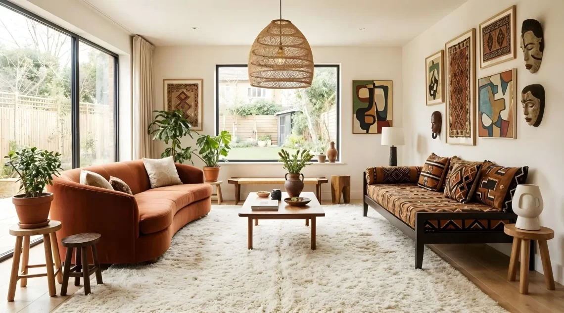 A spacious, sun-drenched living room featuring a curved terracotta sofa and a daybed upholstered in traditional geometric textiles. The space is anchored by a large, shaggy white rug and a gallery wall of framed African art and masks, demonstrating comprehensive African interior design ideas for a modern home.