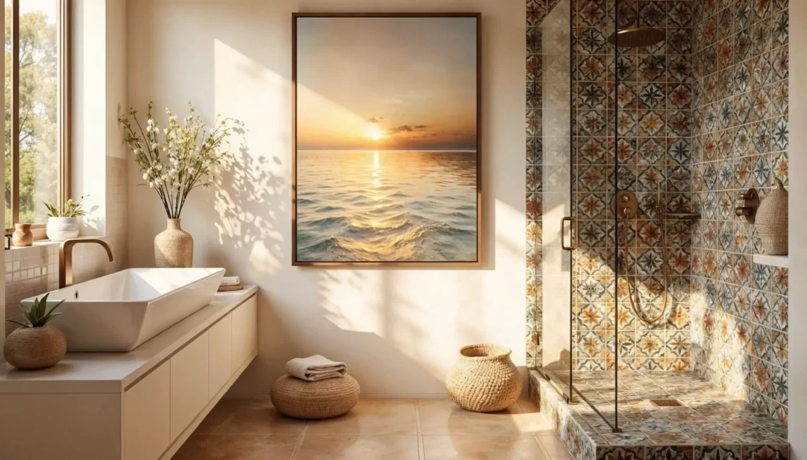 A serene, sun-drenched bathroom featuring a large-scale sunset photograph as bathroom art centered on the wall, next to a walk-in shower with decorative floral tiling and a modern white vanity.