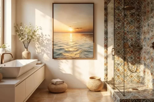 A serene, sun-drenched bathroom featuring a large-scale sunset photograph as bathroom art centered on the wall, next to a walk-in shower with decorative floral tiling and a modern white vanity.