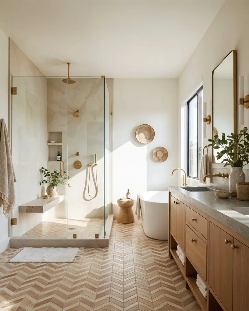 Natural clay Moroccan Bejmat tiles laid in a classic herringbone pattern on a spacious bathroom floor.