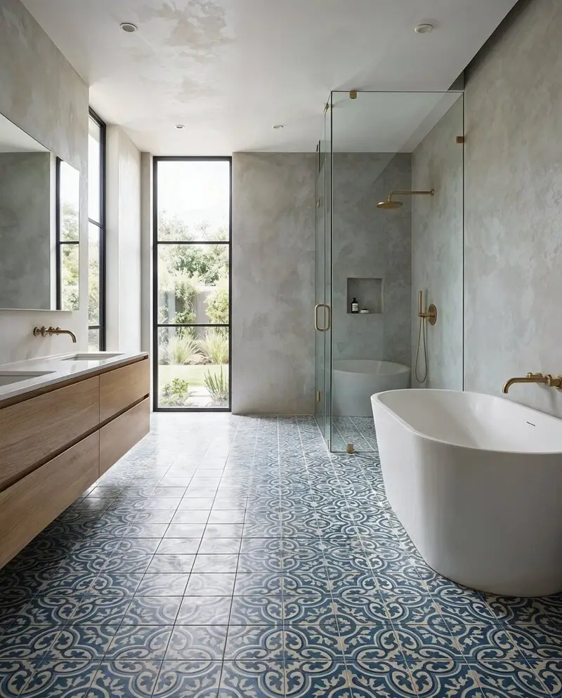 Durable Moroccan cement tiles with a bold blue and white encaustic pattern used for bathroom flooring.