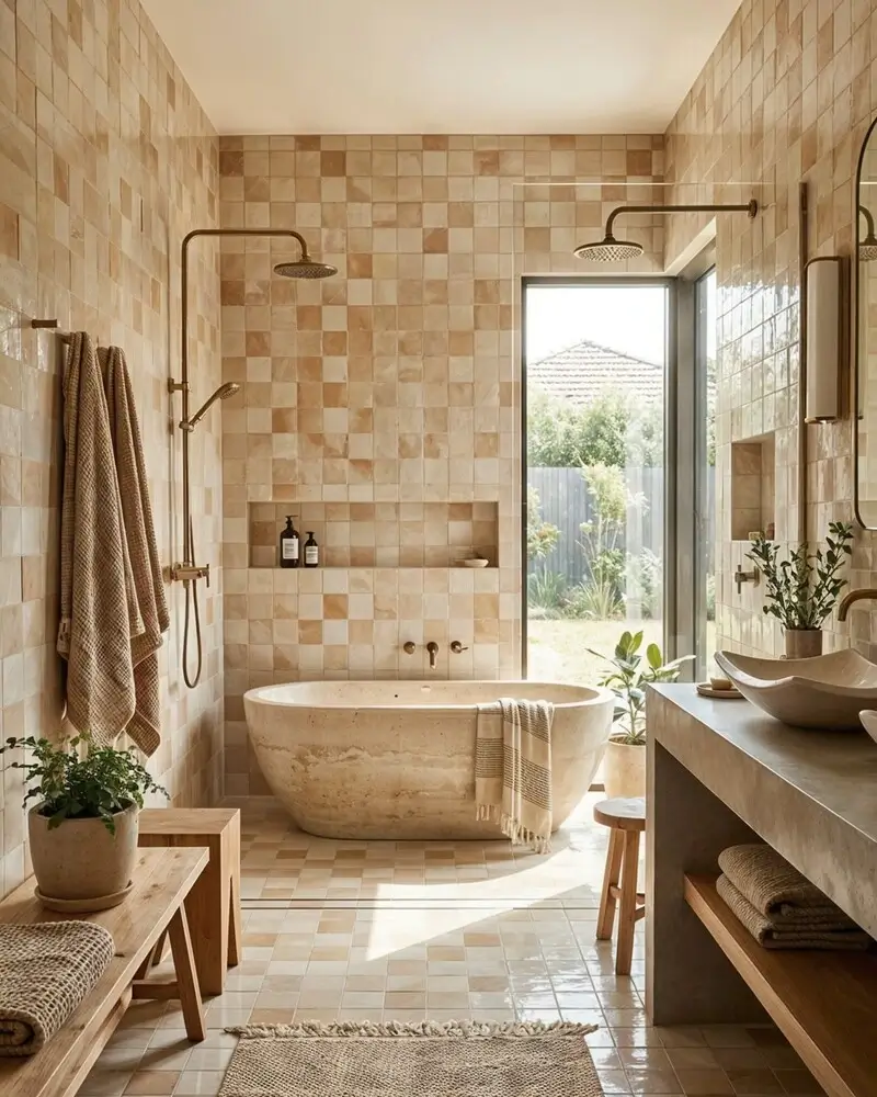 A fully immersive bathroom design with floor-to-ceiling Moroccan tiling in earthy sand and terracotta tones.