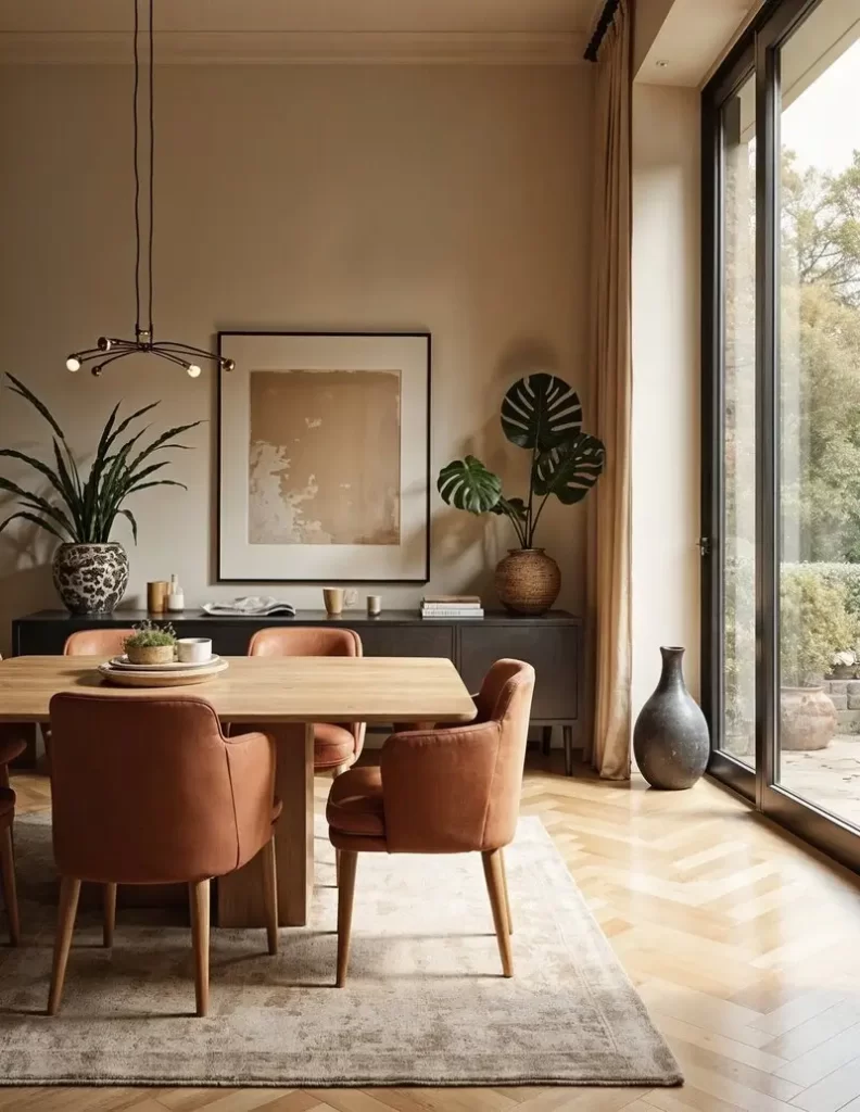 An elegant dining area with rust-colored velvet chairs, a dark wood sideboard, and large glass sliding doors looking out to a lush garden.