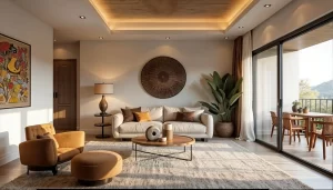 A bright, modern living room featuring a white sofa, mustard yellow accent chair, and a large circular wall art piece. It is showing the process of "How to design a room", step by step