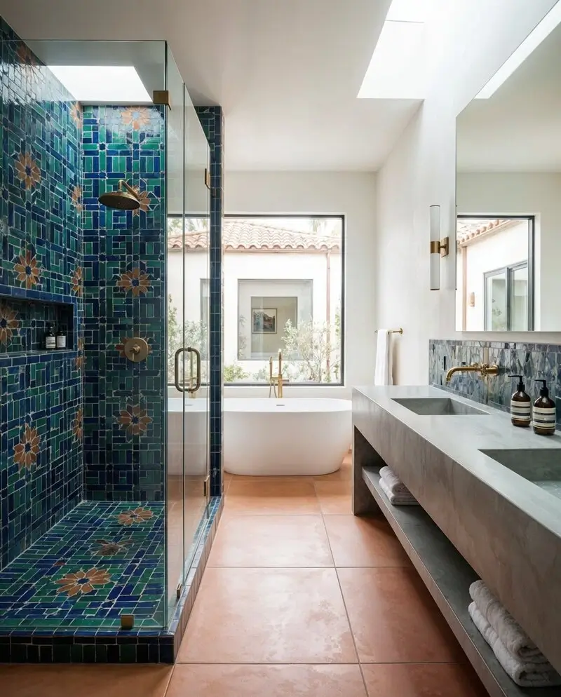 A bathroom vanity backdrop featuring a statement wall of colorful, handcrafted Moroccan tiles.
