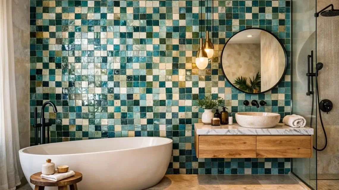 A split-screen showcase of modern Moroccan tiles for bathroom featuring terracotta Bejmat floors on one side and vibrant teal Zellige wall tiles on the other.