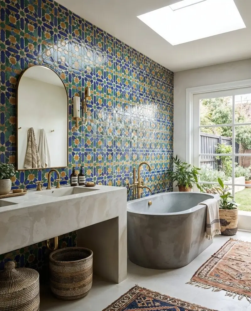 A luxury shower space featuring handmade, emerald green Moroccan tiles for bathroom walls with a glossy Zellige finish.