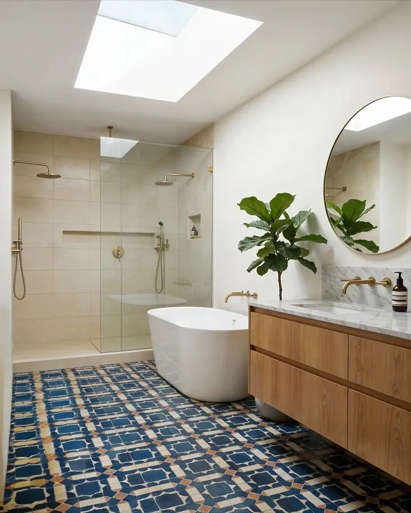 Close-up of intricate, patterned Moroccan tiles for bathroom floors in a neutral grey and white geometric design.