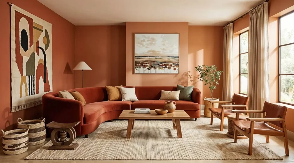 Warm earthy tones in a terracotta interior design living room featuring a curved burnt-orange sofa, mid-century modern wooden coffee table, and clay-colored walls with minimalist decor and indoor greenery.
