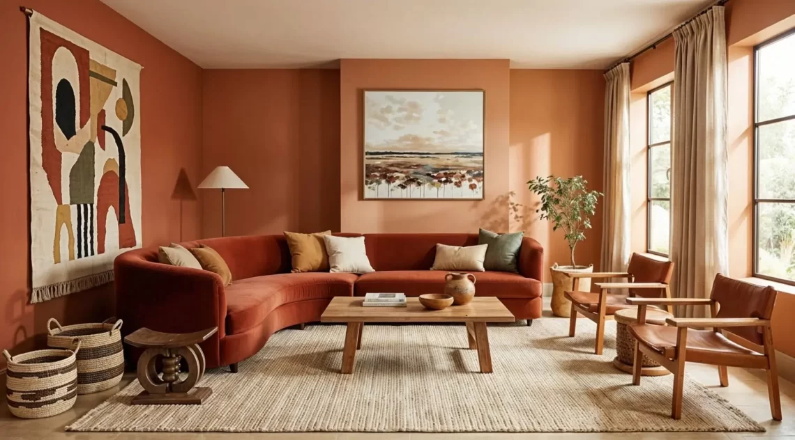 Warm earthy tones in a terracotta interior design living room featuring a curved burnt-orange sofa, mid-century modern wooden coffee table, and clay-colored walls with minimalist decor and indoor greenery.