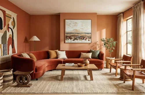 Warm earthy tones in a terracotta interior design living room featuring a curved burnt-orange sofa, mid-century modern wooden coffee table, and clay-colored walls with minimalist decor and indoor greenery.