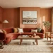 Warm earthy tones in a terracotta interior design living room featuring a curved burnt-orange sofa, mid-century modern wooden coffee table, and clay-colored walls with minimalist decor and indoor greenery.