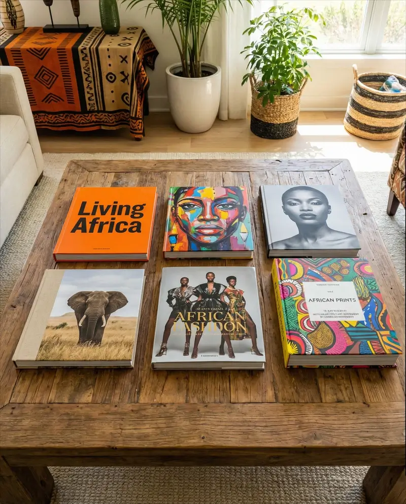 Six colorful decorative African books arranged in a neat 2x3 grid on a rustic wooden coffee table. The covers feature bold typography, traditional prints, wildlife, and high-fashion photography.
