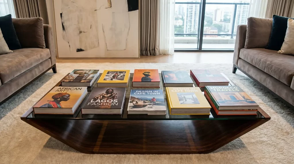 A wide-angle, eye-level shot of a modern living room featuring a glass-topped wooden coffee table arranged with several decorative African books. The books, which showcase vibrant covers with titles like "African Art," "Lagos Fashion," and "Morocco Travels," are laid out in two neat rows. The room is styled with plush grey velvet sofas, a large abstract painting, and floor-to-ceiling windows offering a city view.