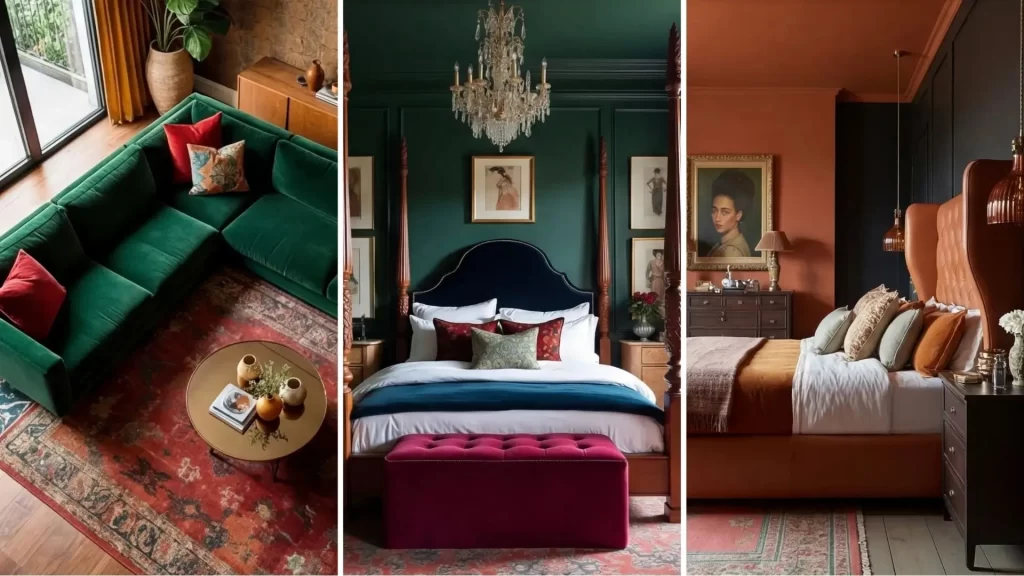 A three-panel collage showcasing moody, high-end interior design. Left: A top-down view of an emerald green velvet sofa on a red vintage rug. Middle: A regal bedroom with dark forest green walls, a tall four-poster bed with navy velvet upholstery, and a crystal chandelier. Right: A warm, terracotta-toned bedroom featuring a leather wingback headboard and a portrait painting in a gold frame.