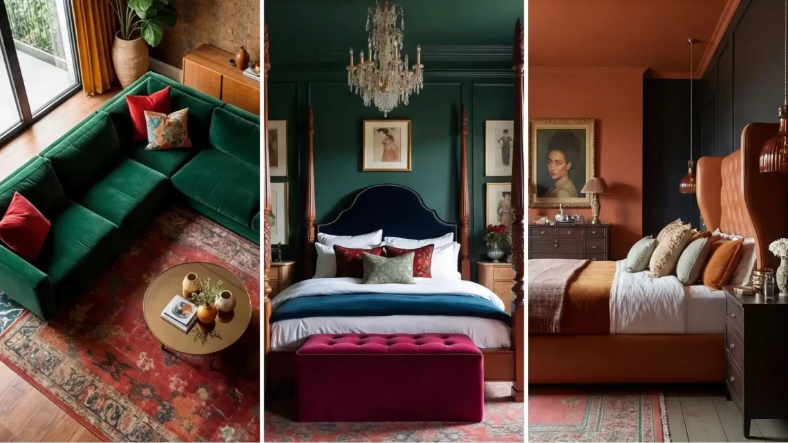 A three-panel collage showcasing moody, high-end interior design. Left: A top-down view of an emerald green velvet sofa on a red vintage rug. Middle: A regal bedroom with dark forest green walls, a tall four-poster bed with navy velvet upholstery, and a crystal chandelier. Right: A warm, terracotta-toned bedroom featuring a leather wingback headboard and a portrait painting in a gold frame.