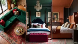A three-panel collage showcasing moody, high-end interior design. Left: A top-down view of an emerald green velvet sofa on a red vintage rug. Middle: A regal bedroom with dark forest green walls, a tall four-poster bed with navy velvet upholstery, and a crystal chandelier. Right: A warm, terracotta-toned bedroom featuring a leather wingback headboard and a portrait painting in a gold frame.