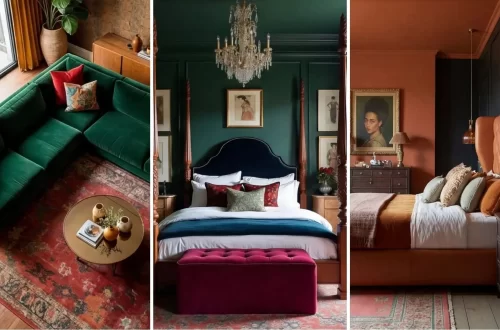 A three-panel collage showcasing moody, high-end interior design. Left: A top-down view of an emerald green velvet sofa on a red vintage rug. Middle: A regal bedroom with dark forest green walls, a tall four-poster bed with navy velvet upholstery, and a crystal chandelier. Right: A warm, terracotta-toned bedroom featuring a leather wingback headboard and a portrait painting in a gold frame.