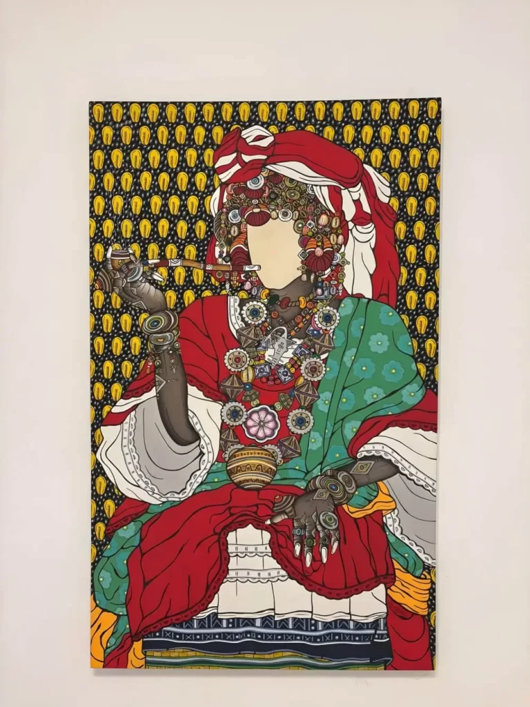 A vibrant, highly detailed painting by Ibrahima Gningue of a woman with a faceless head, wearing an elaborate red headdress and several layers of chunky, ornate necklaces and bracelets. She holds a traditional smoking pipe in one hand against a patterned yellow-and-black background.