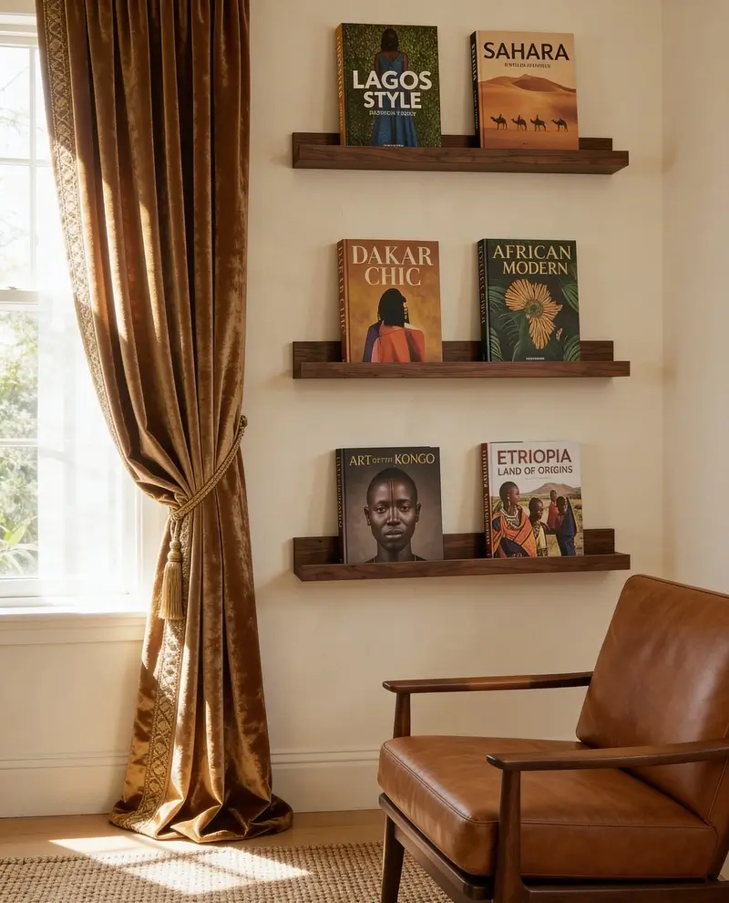 A cozy corner featuring a leather armchair and velvet curtains next to three dark wood picture ledges. The ledges showcase several decorative African books with titles like "Sahara," "Lagos Style," and "African Modern."