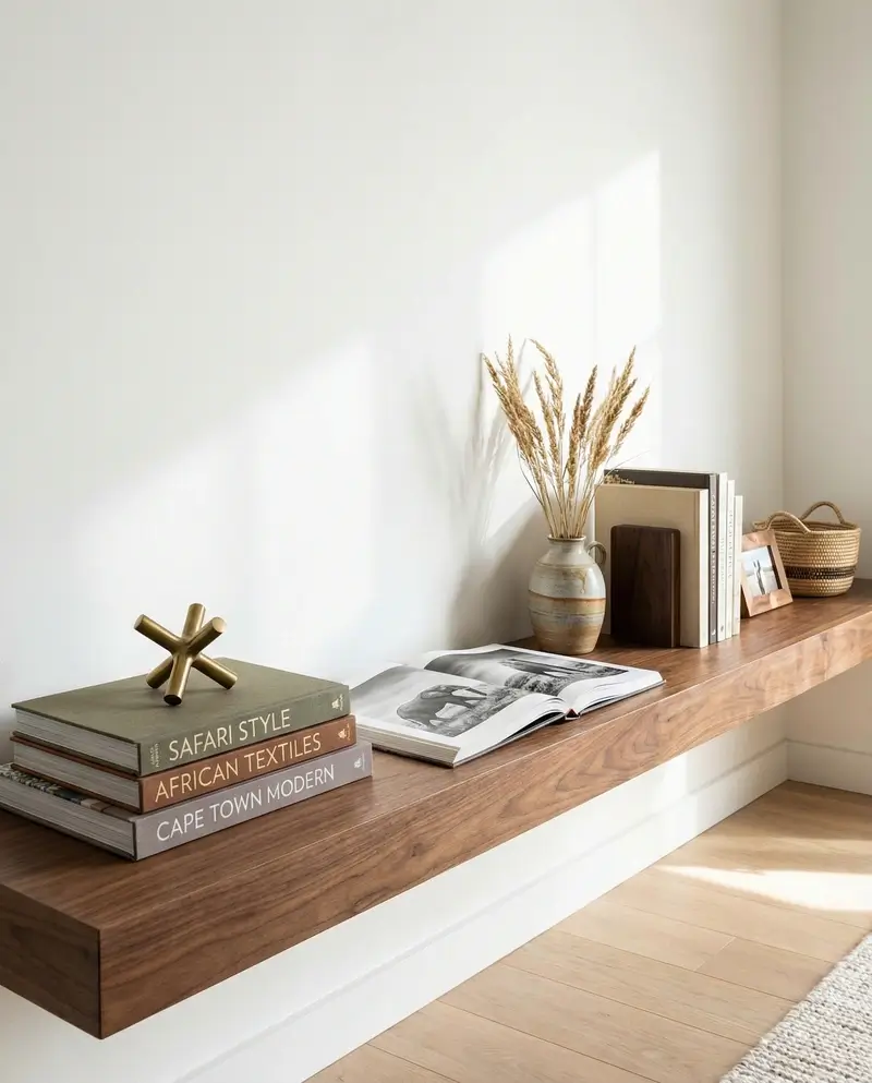 A long, thick wooden floating bench styled with a stack of decorative African books including "Safari Style" and "African Textiles," paired with a dried floral arrangement and a gold geometric sculpture.