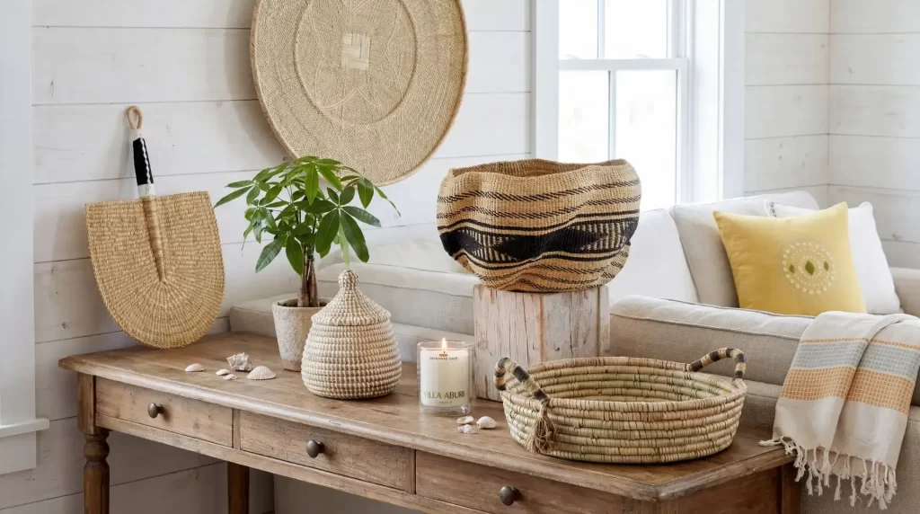 African coastal summer edit: A wooden table displays woven baskets, a potted plant, a lidded jar, a white candle, and seashells. Behind, a neutral sofa with yellow and white pillows and a woven wall hanging complete the cozy, sunlit room.