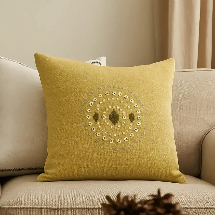 A square mustard-yellow throw pillow with an embroidered circular geometric pattern in white and green sits on a light beige sofa in a cozy living room setting.