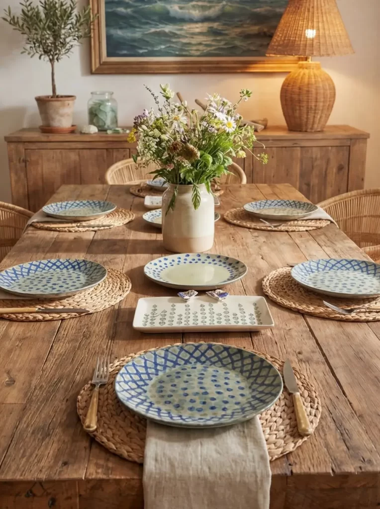 A rustic wooden dining table set for six with woven placemats, blue and white patterned plates, gold cutlery, and a vase of wildflowers as a centerpiece; a wooden sideboard and lamp are in the background.