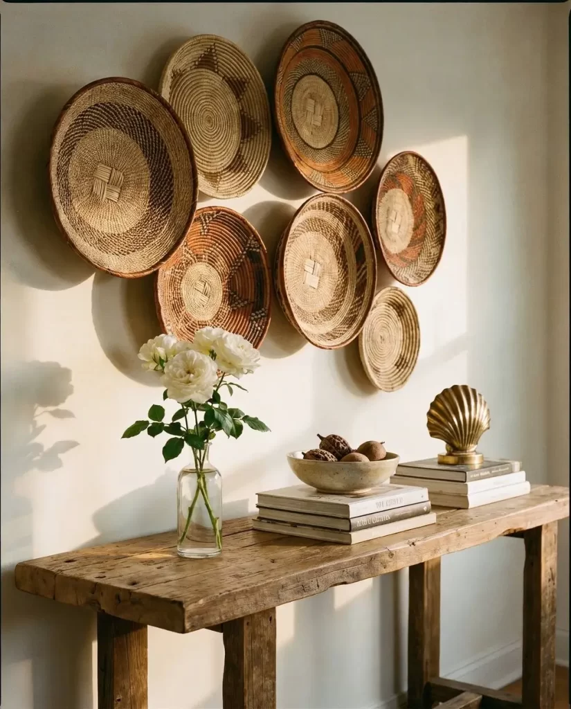 A rustic wooden table holds stacked books, a glass vase with white flowers, a decorative shell, and a bowl. On the wall above, several woven baskets with various patterns are artfully arranged. Sunlight casts soft shadows.