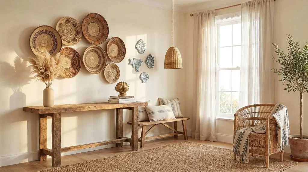 A sunlit coastal grandmother room with a rustic wooden console table, bench, and wicker chair. Woven baskets and ceramic art decorate the wall. Sheer curtains frame a tall window; a jute rug and greenery complete the cozy, natural decor.